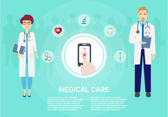 Concept healthcare. Medical background. Set icons of medical equipment. Doctor and patient isolated on background. Vector illustration