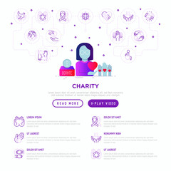 Charity web page template in flat gradient style: woman in glasses with heart in hand, donation box and volunteers hands. Modern vector illustration for print media.
