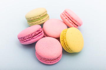 French pink macaroons cookies in rows on a light blue background