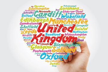 List of cities and towns in the United Kingdom composed in love sign heart shape, word cloud...