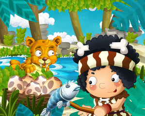 Cartoon scene with caveman in the jungle with sabre tooth tiger near the river in the background - illustration for children