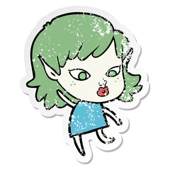 distressed sticker of a pretty cartoon elf girl