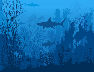 Blue underwater landscape with sharks, fishes, coral reefs, huge rocks and see weeds. Tropical undersea world. Vector detail hand drawn illustration of sea-life.