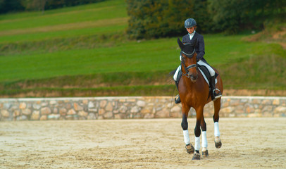 Carefree female English rider doing canter renvers at a dressage competition.