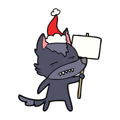 line drawing of a wolf with sign post showing teeth wearing santa hat