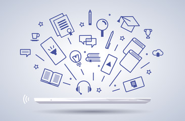 Online education banner with tablet or smartphone and outline learn icons on gray background. Training courses, distance learning