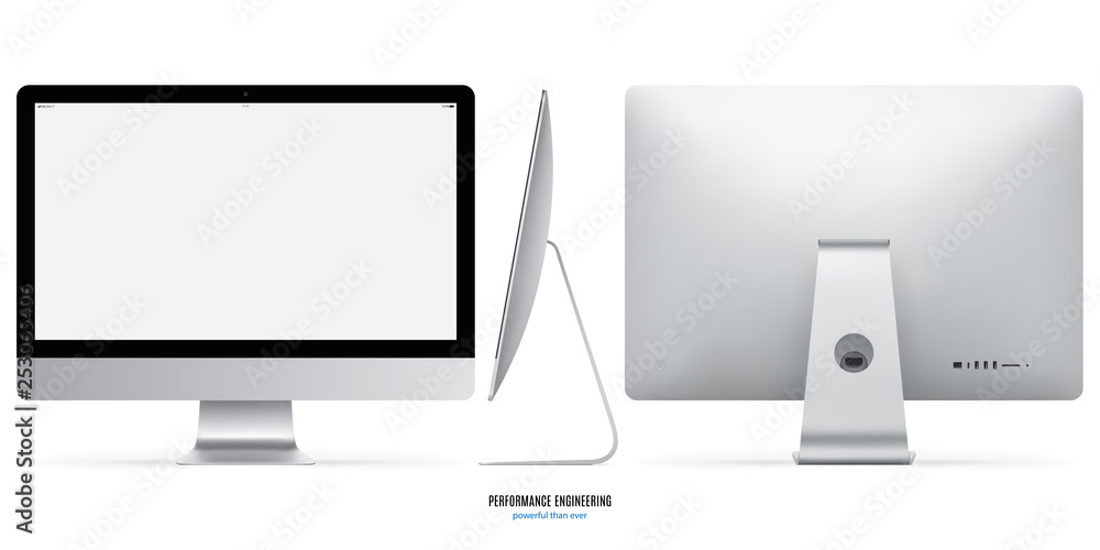 Fototapete computer monitor mockup in silver color with blank screen view front, back and side on white background. stock vector illustration eps10