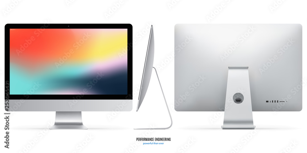 Poster computer monitor mockup in silver color with colored screen view front, back and side on white backg