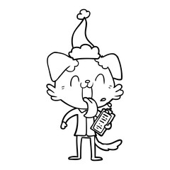 line drawing of a panting dog with clipboard wearing santa hat
