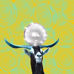 Contemporary art collage, goat holds disco ball on the horns