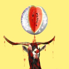 Contemporary art collage, goat holds disco ball on the horns