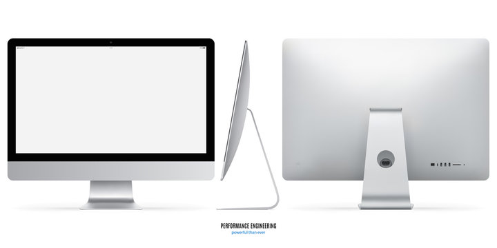 Computer Monitor Mockup In Silver Color With Blank Screen View Front, Back And Side On White Background. Stock Vector Illustration Eps10