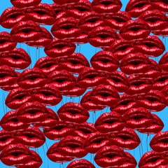 Contemporary art collage, bright lips balloons