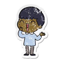 distressed sticker of a cartoon happy man