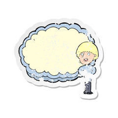 retro distressed sticker of a cartoon happy man with cloud text space