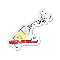 retro distressed sticker of a cartoon toothbrush and toothpaste