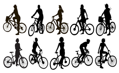Various cycling poses in black and white silhouettes.