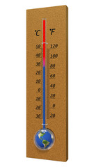 Thermometer zeigt die Erderwärmung an, steigende Temperaturen führen zu Umweltschäden und einer Klimakatastrophe
