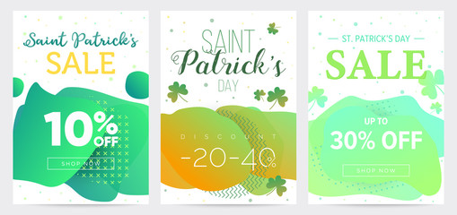 Collection of three Saint Patricks Day sale banners, abstract green templates for business