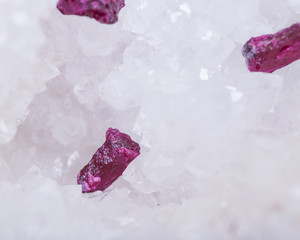 Top quality A grade small rough RUBY crystals from Tanzania on crystalline druzy center of clear quartz geode. RED CORUNDUM.