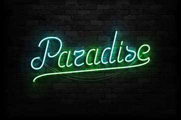 Vector realistic isolated neon sign of Paradise typography logo for template decoration on the wall background. Concept of summer and resort.