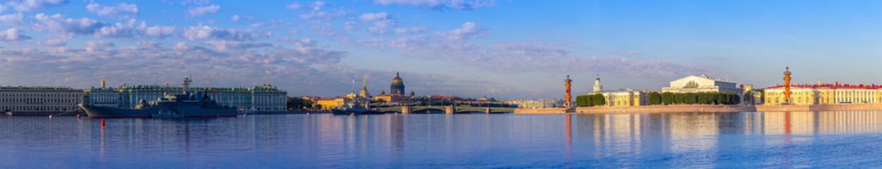 St. Petersburg. Russia. Panorama of St. Petersburg. Day of the Navy of Russia. Naval parade. Military destroyers on the Neva. Bridges of St. Petersburg. Holidays of Russia. Petersburg embankments.