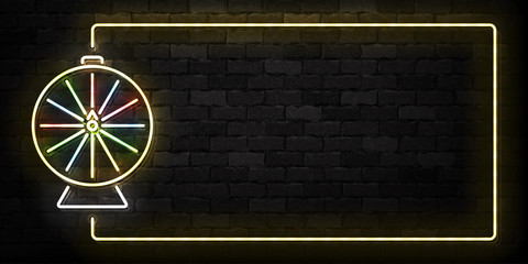 Vector realistic isolated neon sign of Wheel of Fortune frame logo for template decoration and covering on the wall background. Concept of roulette and jackpot.