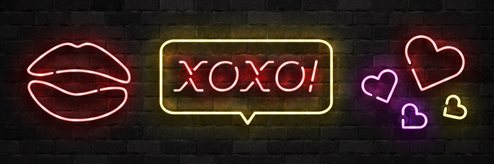 Fototapeta premium Vector set of realistic isolated neon sign of XOXO logo for template decoration on the wall background. Concept of love and kiss.