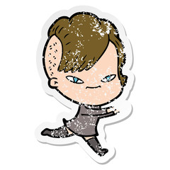 distressed sticker of a cute cartoon girl with hipster haircut
