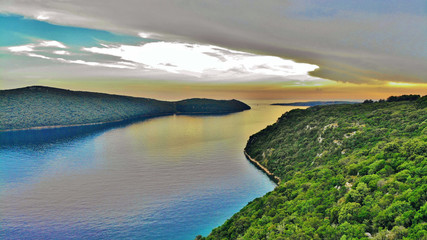 Drone picture of Lim fjord in Istria, Croatia. Beautiful blend of the sea and surrounding forests.