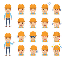 Set of construction worker emoticons showing diverse facial expressions. Happy, sad, angry, surprised, serious, dazed, in love and other emotions. Flat design vector illustration