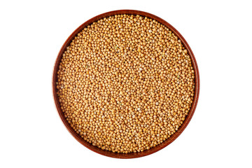Organic yellow mustard seeds in wooden bowl isolated on white background