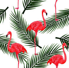 Tropical modern seamless pattern with pink flamingos and palm leaves on white background. Exotic Hawaii art background. Design for web page backgrounds, fabric, wallpaper, textile and decor.
