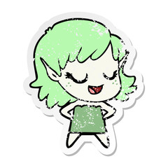 distressed sticker of a happy cartoon elf girl