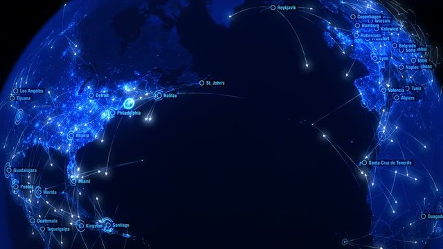 Global Communications over North America. Arrows Fly Slowly Between Cities. Blue Version. Global Connections - Destinations all over the World. Flight Paths. The High-Res Textures.