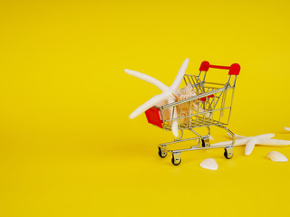 Shopping cart , troley with seashells on yellow background.