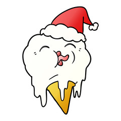 gradient cartoon of a melting ice cream wearing santa hat