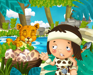 Cartoon scene with caveman in the jungle with sabre tooth tiger near the river in the background - illustration for children