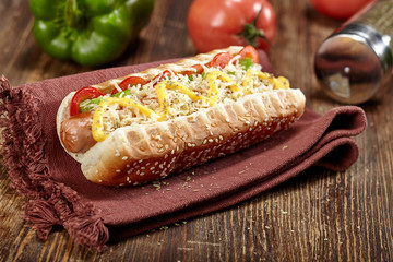 Close-up view of Hot dog with mustard 