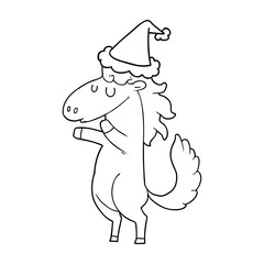line drawing of a horse wearing santa hat