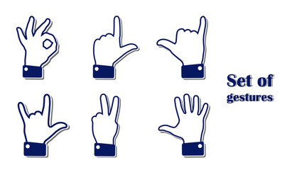 Set of different hand gestures. Flat signs shown with palm and fingers. Non-verbal or manual communication, emotional expressions, body language. Vector illustration. Isolated 
