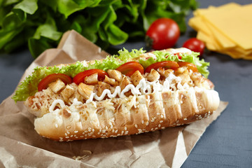 Close-up view of Hot dog with mustard 