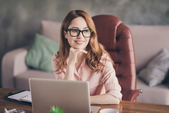 Close Up Photo Beautiful She Her Business Lady Dream Dreamy Look Candidate Attentive Best Intentions Good Mood Like Startup Idea Notebook Table Sit Big Office Chair Wearing Specs Formal-wear Shirt