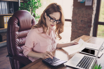 Close up photo beautiful she her business lady work day night notice count financial salary check...