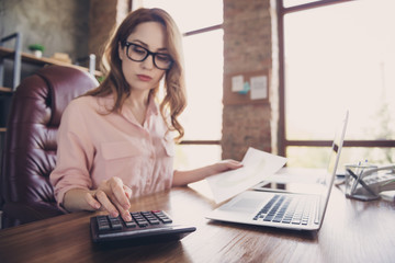 Close up photo beautiful she her business lady work day night count financial earnings salary check...