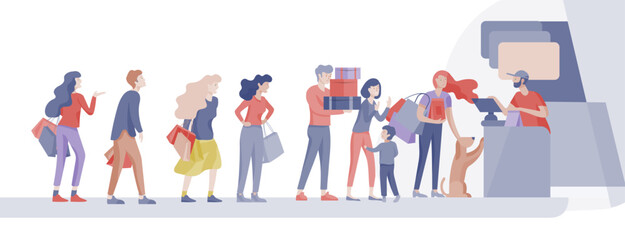 Obraz premium Angry People queue in supermarket with cashier, where to buy concept of shop assistant. Selling interaction, purchasing process. Dissatisfied and tired customer scream and swear
