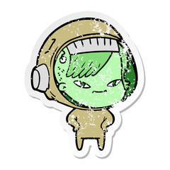 distressed sticker of a cartoon astronaut woman