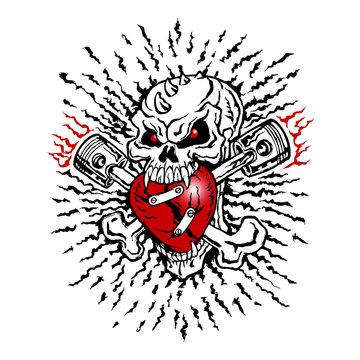 Skull biker and cross bones, flames and heart, emblem, motorcycle vintage graphic design, tattoo, logo, mascot, icon