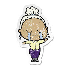 distressed sticker of a cartoon crying old lady