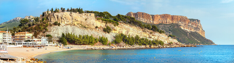 Panoramic landscape with beach and cliffs of Cassis resort town. Southern France, Provence